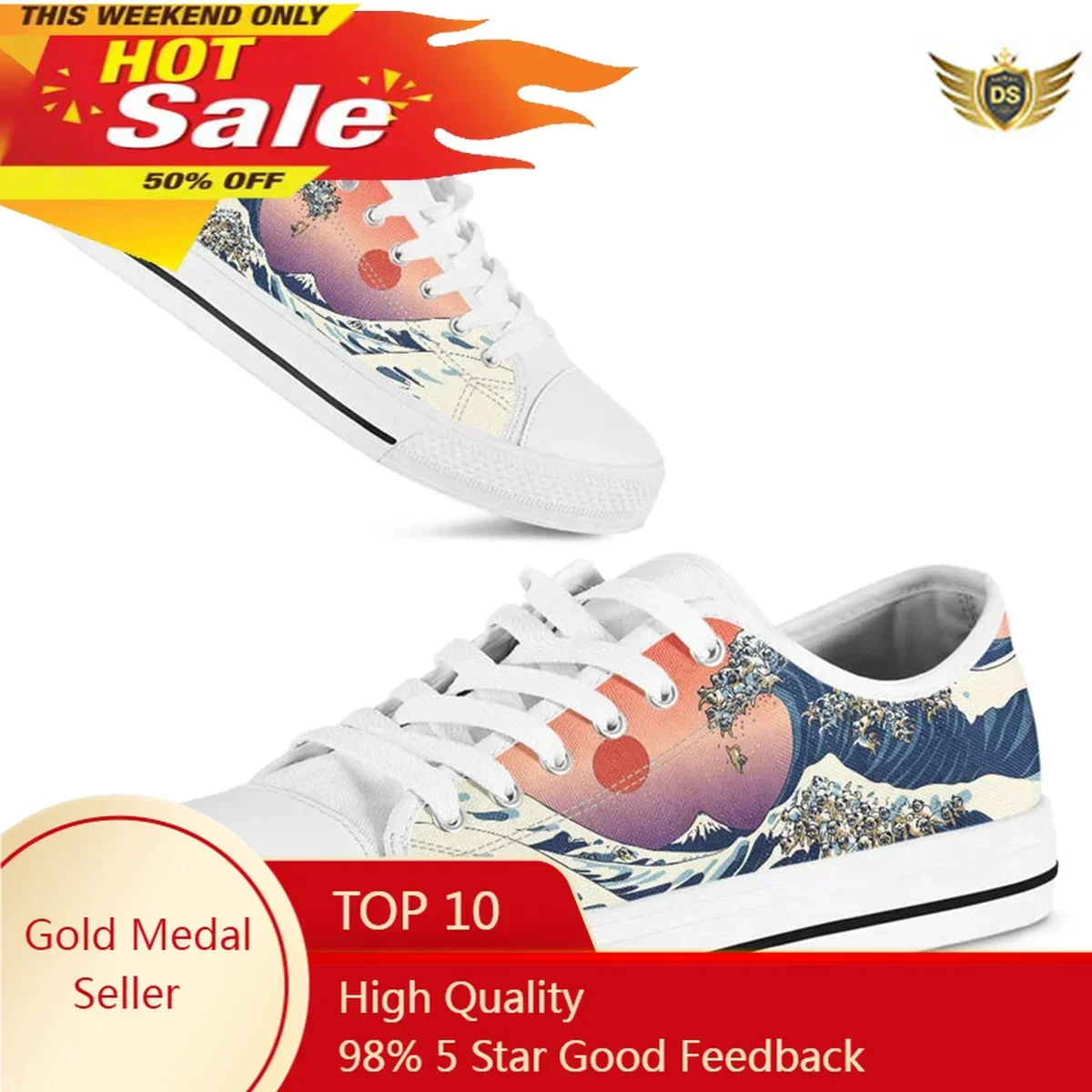 The Great Wave Bulldog Classic Women's Sneakers Sports Canvas Shoes For Women Casual Ladies Flats Lace-up Footwear White