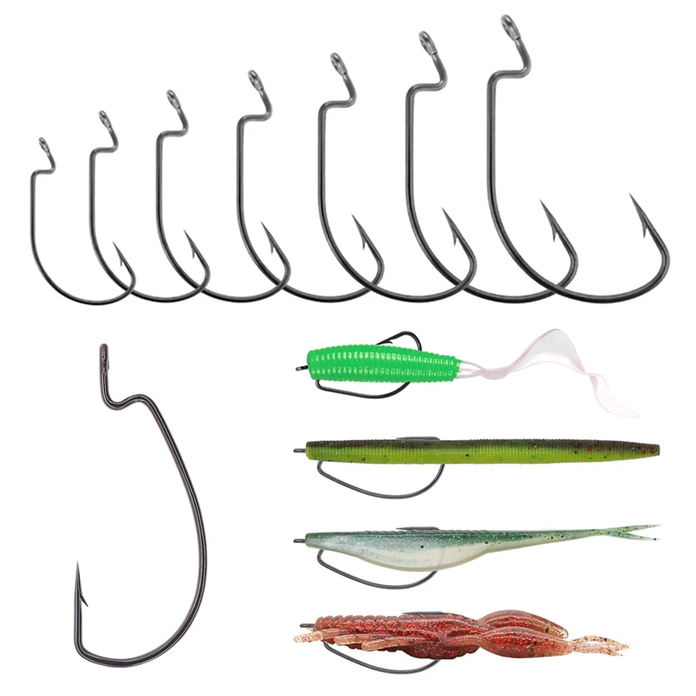 20pcs Fishing Offset Worm Hooks for Bass Fishing Rubber Worms Ewg Wide Gap  Hook Texas Rig Soft Plastics Worms Bait Fishing Hook