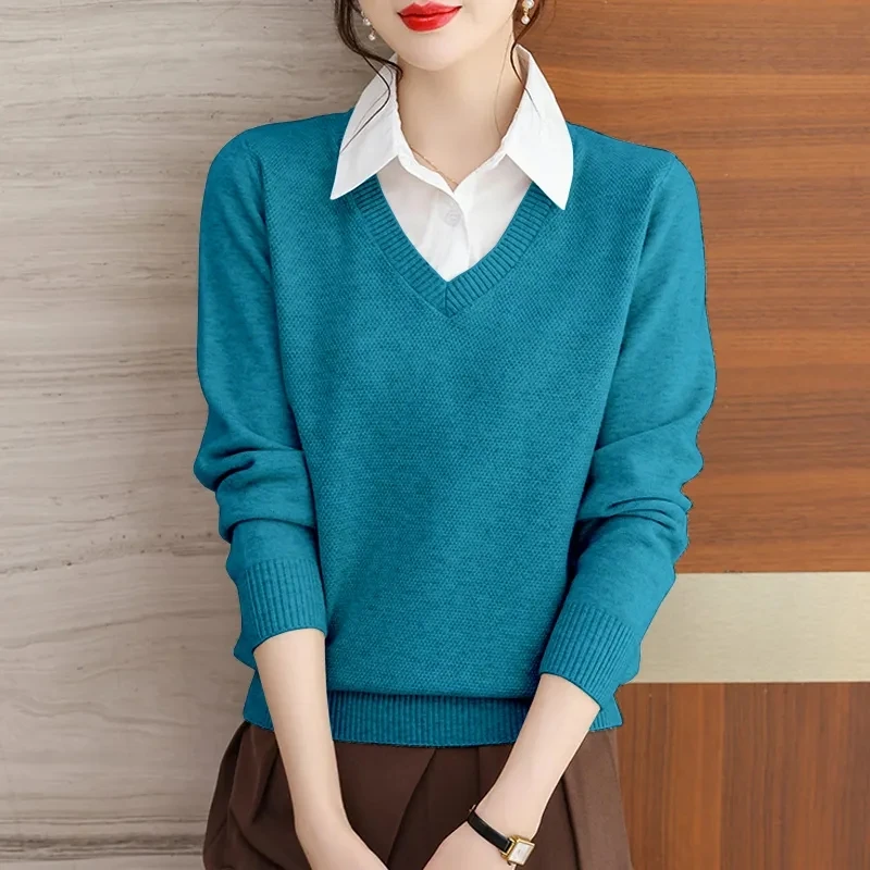 

Женская тонкая однотонная одежда в стиле пэчворк, Пуловеры на пуговицах, модные повседневные футболки, подкладка с отложным воротником, Осень-зима, LooseA1248