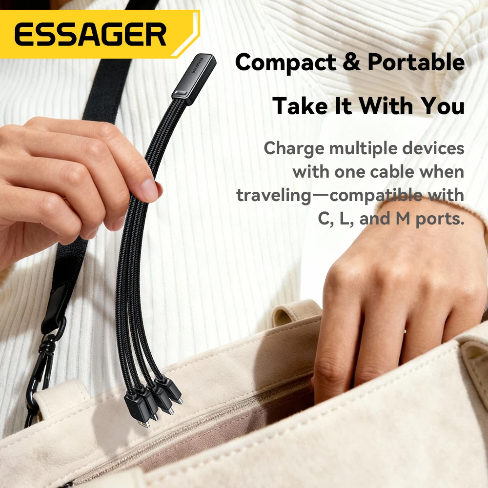 Essager Portable 4-in-1 Fast Charging Cable For Travel Type C Female To Multi USB Cable With 2 Type C, Micro, Lightning Adapters