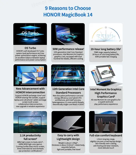 HONOR MAGICBOOK 14 (HON-5301ACUQ - NEW 2022) LAPTOP (i5-12500H, Iris Xe  Graphics, 16GB, 512GB, 14