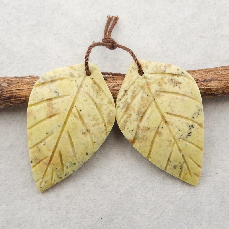 

Handmade jewelry Birthday gift Natural Serpentine Carved leaves fashion Earrings,35x22x4mm8.5g