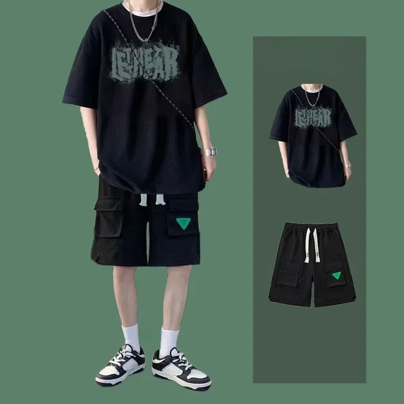 thumbnail image 1 of Camisetas, pantalones cortos, trajes para hombres, jogger, estampado, deportes, correr, jogging, gráfico, elegante, conjuntos para hombre, nuevo, conjunto de 2 piezas a juego S, 1 of 5