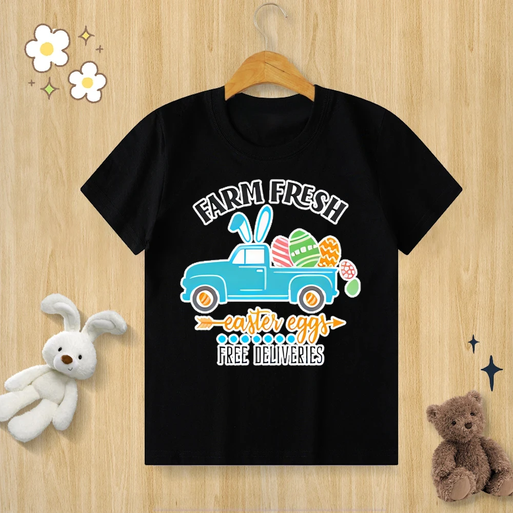 Children’s Pure Cotton T-shirt Happy Easter Bunny Egg Print T-shirt O-neck Short Sleeve Kids Clothes Boys Baby Tee Girl Clothes 2