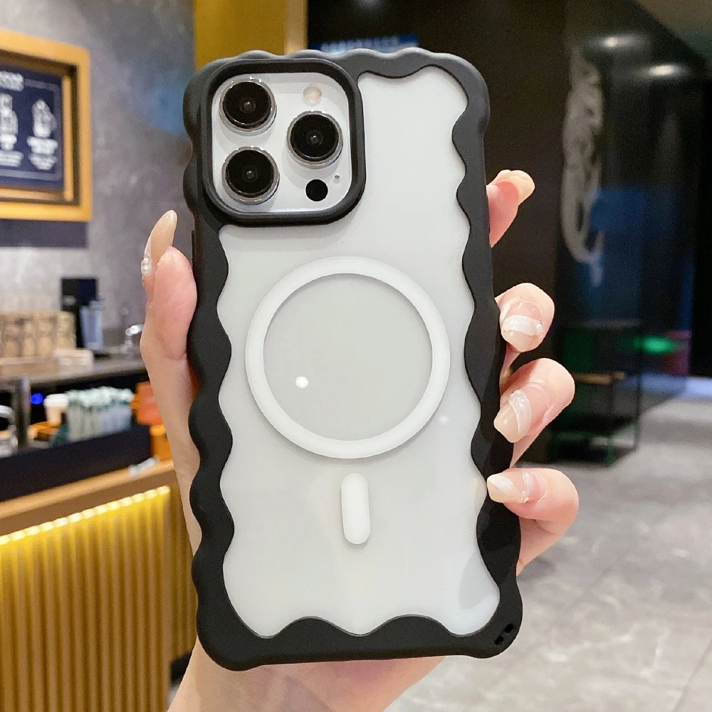 Cream Curly Wave Border Magnetic Case For iPhone 11 12 13 14 Plus 15 16 Pro Max Transparent For Magsafe Wireless Charge Cover_voghion.com