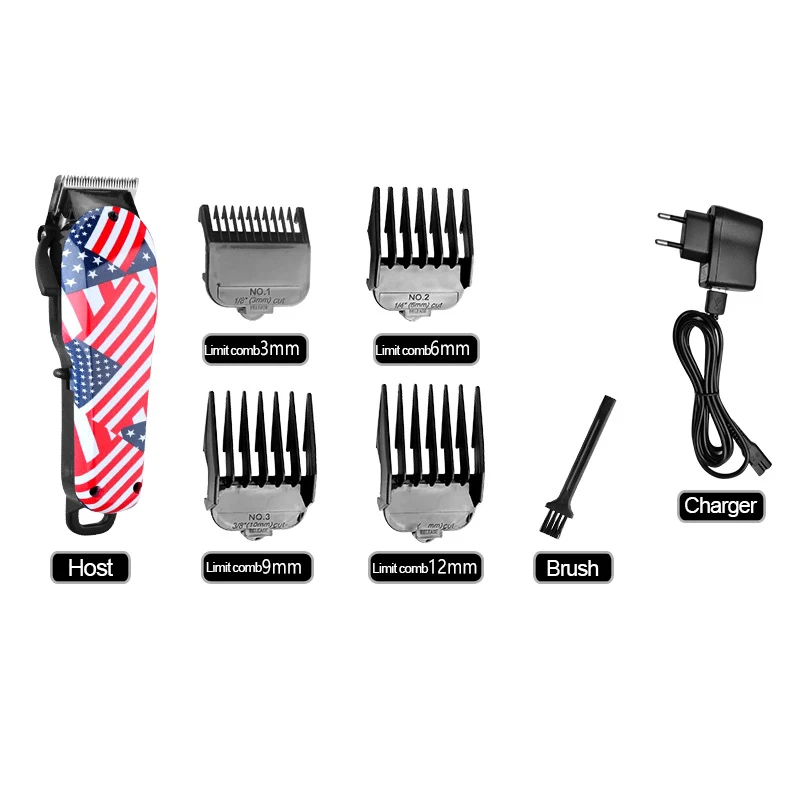 Kemei Professional Rechargeable Hair Clipper 110-240V Powerful Electric Hair Trimmer Razor Haircut Styling Tool American Flag