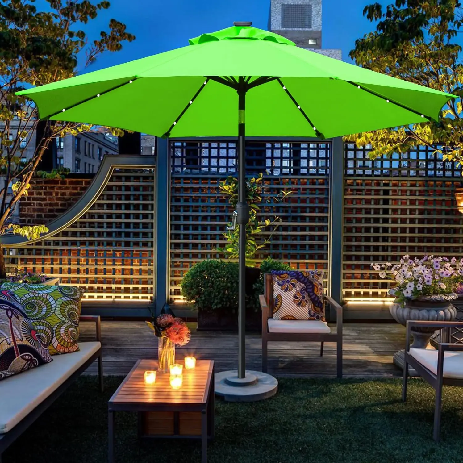 9' Solar LED Lighted Patio Umbrella with 8 Ribs/Tilt Adjustment and Crank Lift System (Grass Green) 6