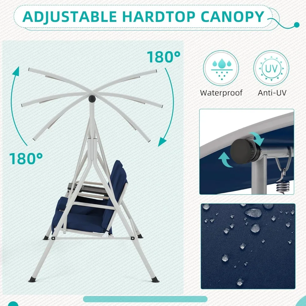2 Seat Outdoor Porch Swing,Patio Swing with Adjustable Canopy, Heavy Duty 650 LBS Outdoor Swing with Pivot Storage Table 4