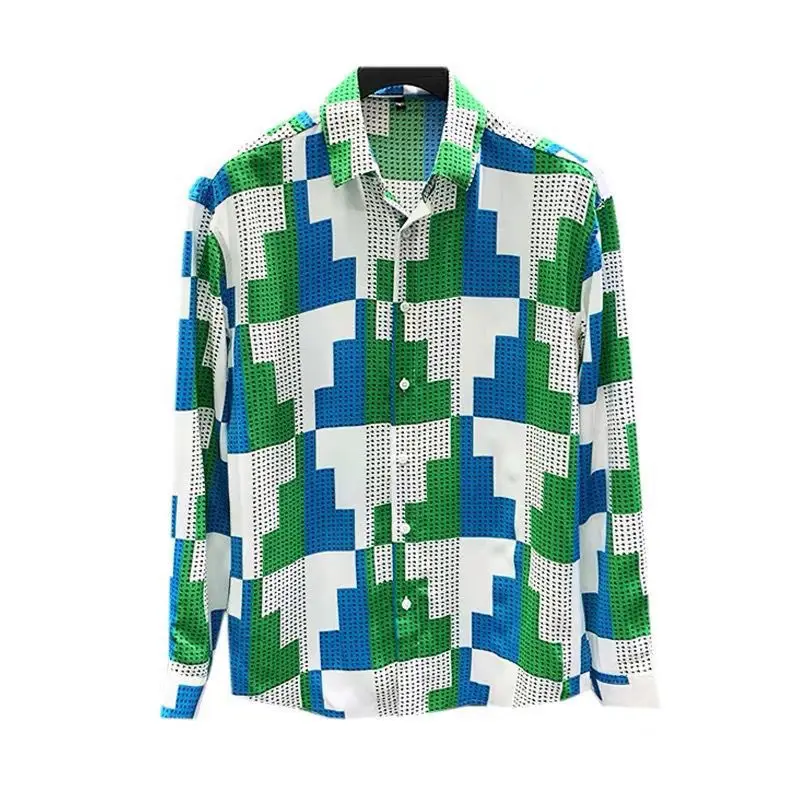Spring And Summer Brand Design Print Long Sleeve Shirt Male Korean Version Fashion Loose Contrast Color Plaid Shirt Male A3407