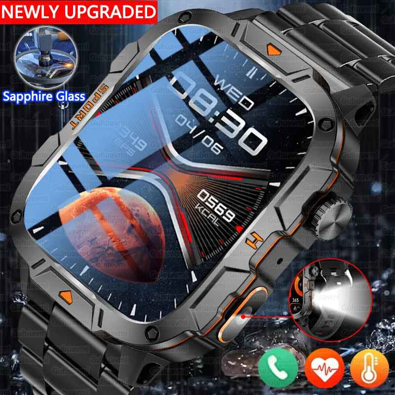 2026 New Military Grade Smart Watch Men 1.96" AMOLED Screen 5ATM Waterproof Simming Sports Fitness Tracker BT Call Smartwatches 1