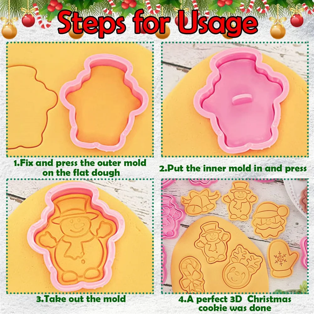 8 PCSChristmas Cookie Molds Christmas Dough Stamps Plastic 3D Cartoon Pressable Cookie Molds DIY Candy Baking Pastry Decoration