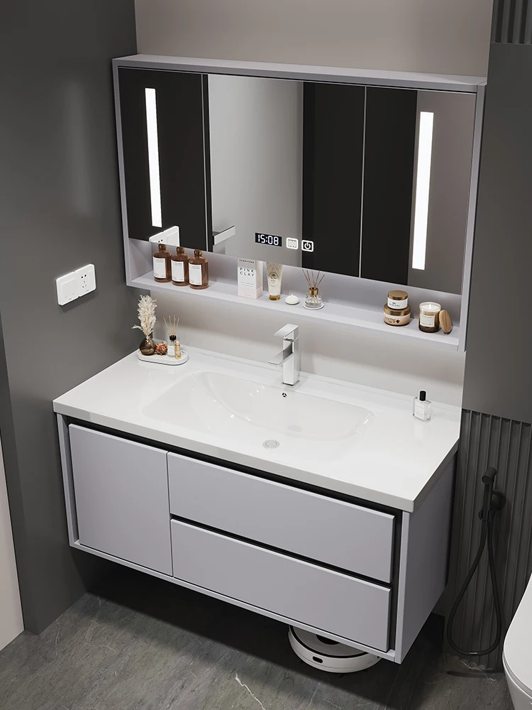 Light luxury oak smart bathroom cabinet combination small apartment bathroom washstand