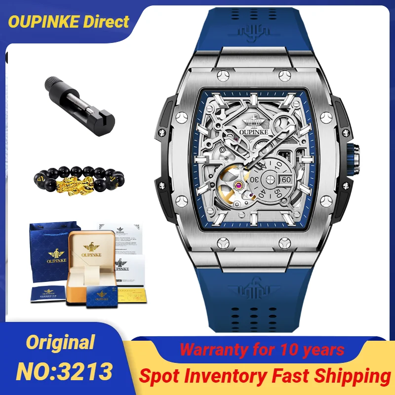 Original OUPINKE 3213 Men's Watches Tonneau Full Hollow out Automatic Men's Wristwatches Silicon Tape Man Watch TOP Brand Watch