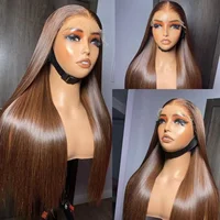 Perruques de cheveux humains super double drawn, lisses comme des baguettes, brun chocolat, avec dentelle frontale, pré-épilées, brun foncé, perruque frontale HD en dentelle pour femmes 4