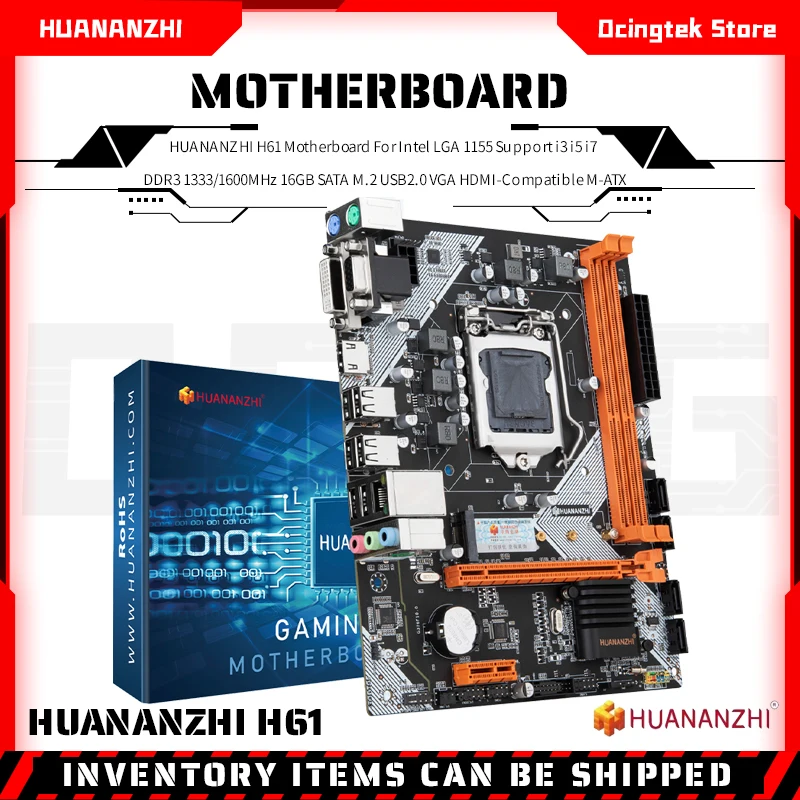 

HUANANZHI H61 Motherboard For Intel LGA 1155 Support i3 i5 i7 DDR3 1333/1600MHz 16GB SATA M.2 USB2.0 VGA HDMI-Compatible M-ATX