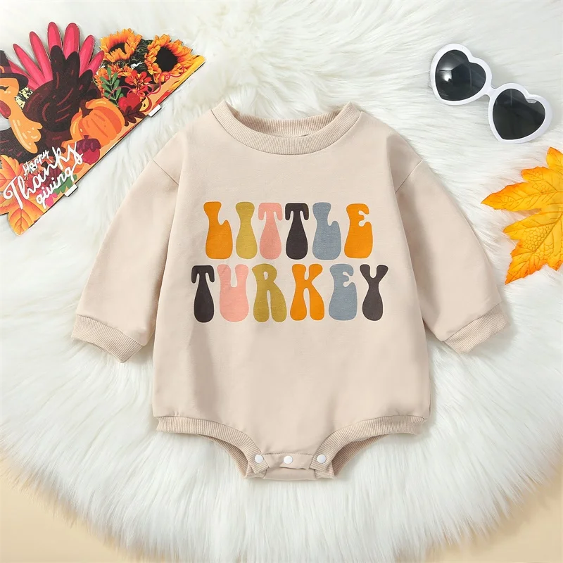 

Infant Baby Thanksgiving Jumpsuit Letter & Turkey Print Round Neck Long Sleeve Sweatshirt Romper