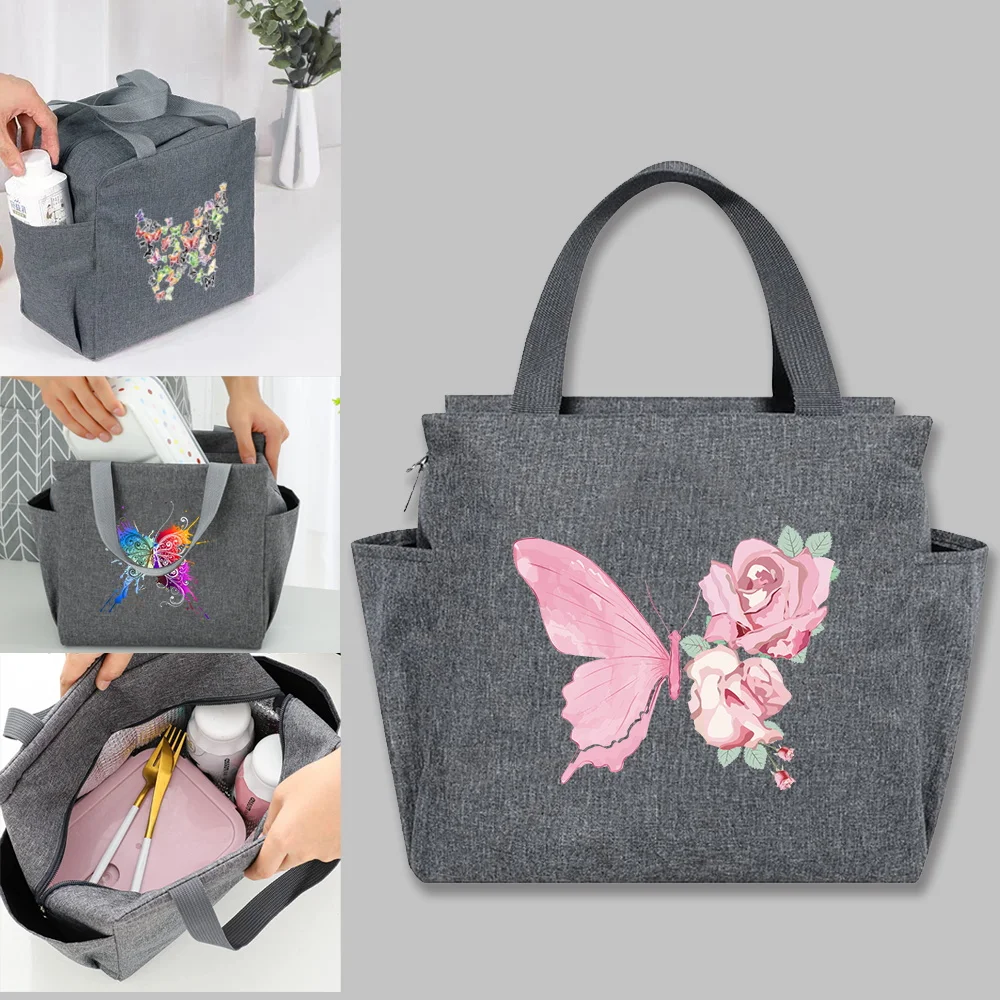 Insulated Lunch Bag Cooler Bag Thermal Portable Luncheon Box Ice Pack Tote Food Picnic Bags Butterfly Printing Work Lunch Packs