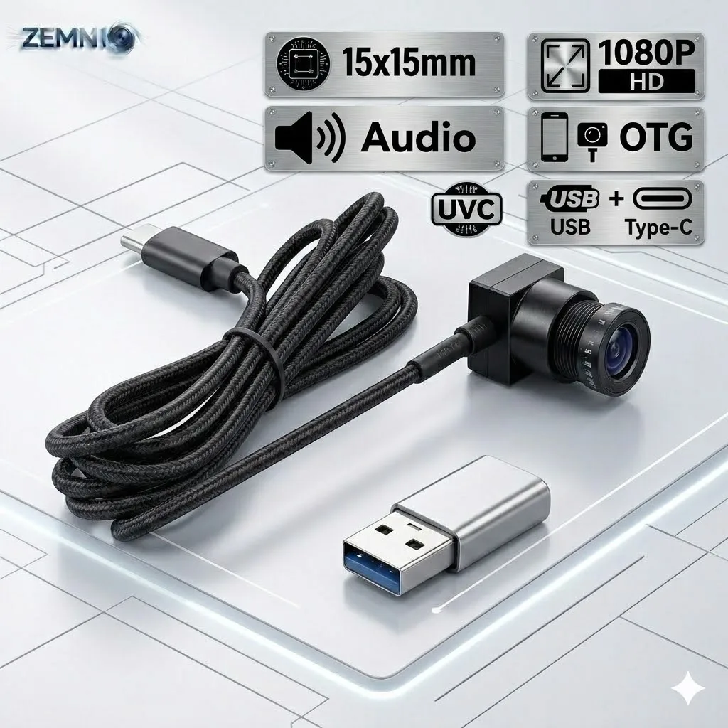 Mini USB Camera 15x15mm 1080P 2MP with Mic | OTG Webcam, UVC Plug & Play, Type-C Adapter, for Kiosk ATM Locker 1