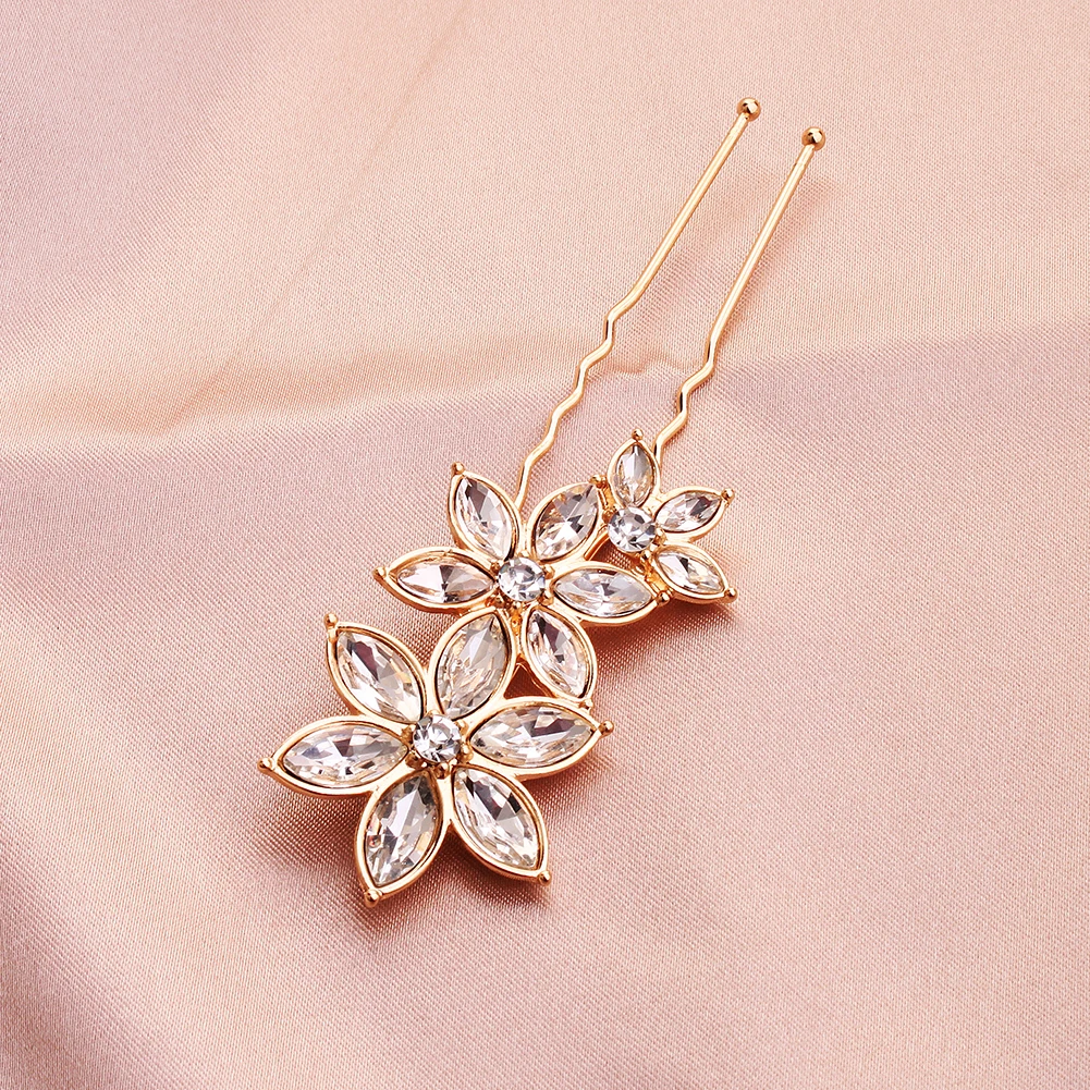 Mode Gold Blumen Hochzeit Haarnadeln Braut Haarschmuck Zubehör Frauen Strass Haarspangen Kopfschmuck – Detail 7