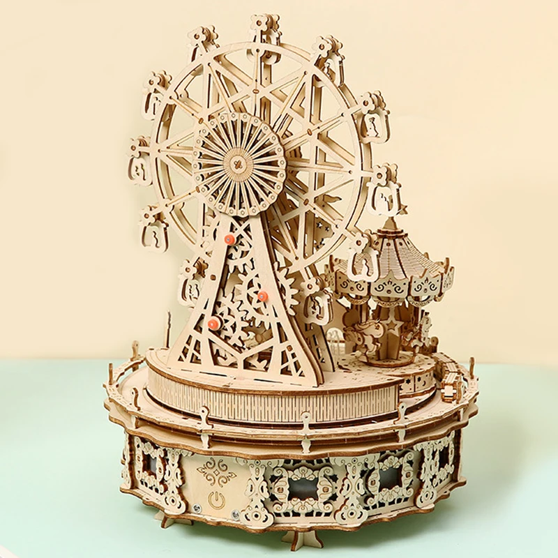 3D 나무 퍼즐 꿈의 놀이공원 LED 회전 관람차 음악 옥타브 박스 DIY 조립 모델 키트 장난감 어린이 및 성인용 선물