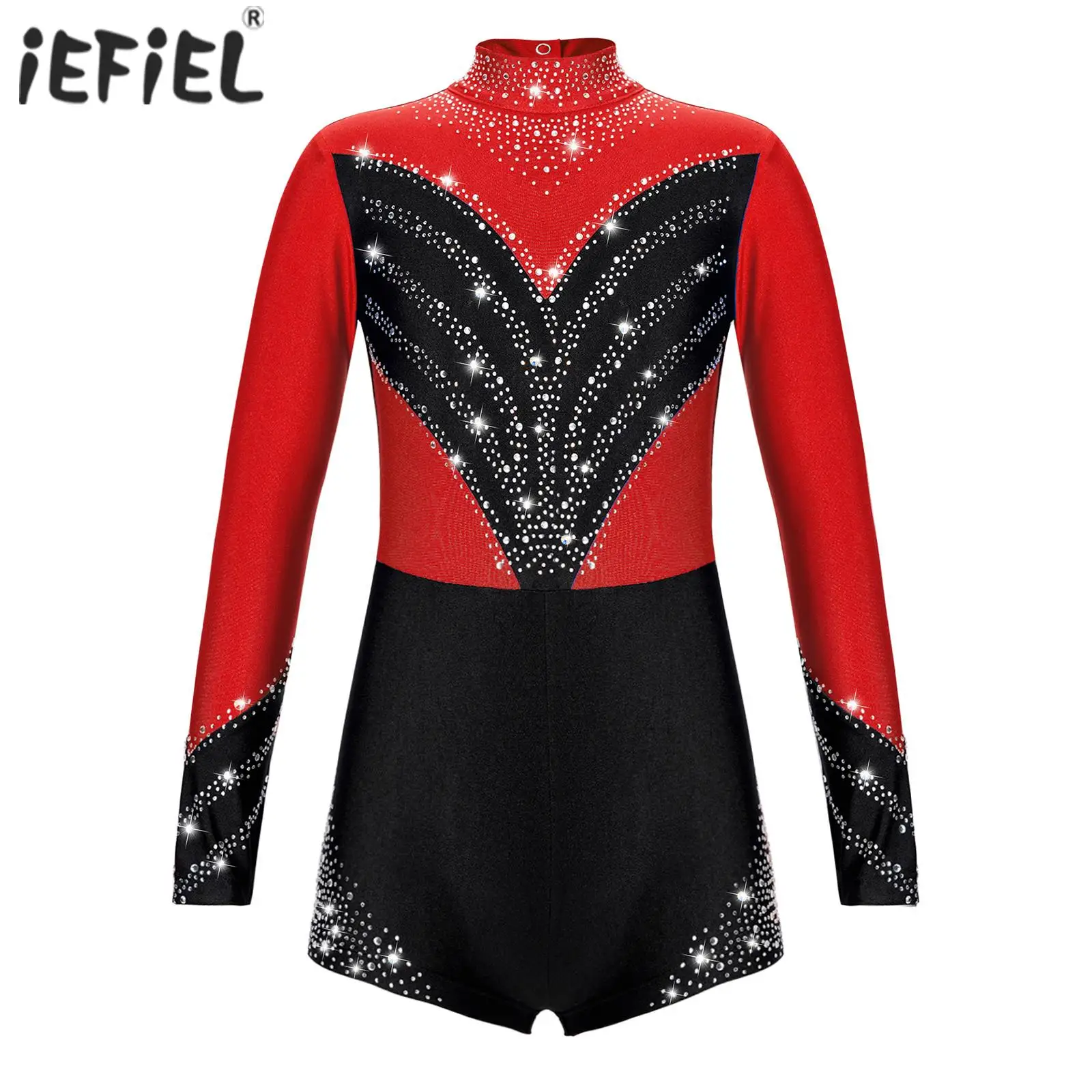 

Kids Girls Figure Skating Ballet Costume Long Sleeve Stand Collar Shiny Diamond Decorated Hollow Back Gymnastic Dance Jumpsuit