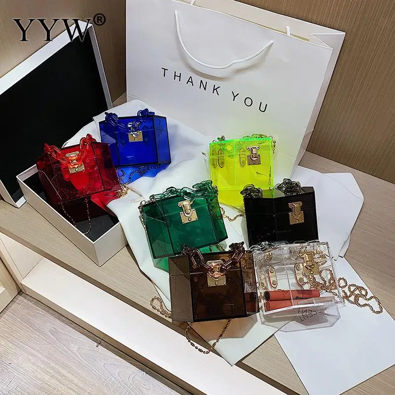 Fashion Fluorescent Clear Square Acrylic Top Women Clutch Handbag Box Designer Brand Metal Chain Crossbody Shoulder Satchels Bag