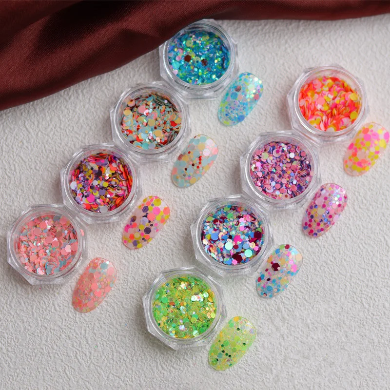 

1 Box Colorful Nail Sequins For Manicure Decorati Holographic Sparkle 3D Round Nail Art Glitter Powder Mixed Size Nails Pailette