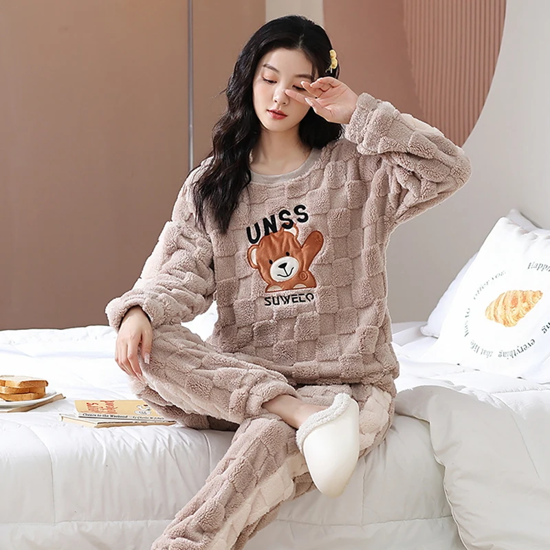 Conjunto de pijamas de franela para mujer, ropa de dormir gruesa y cálida,  con dibujos animados, para el hogar, de talla grande, M-5XL, Invierno