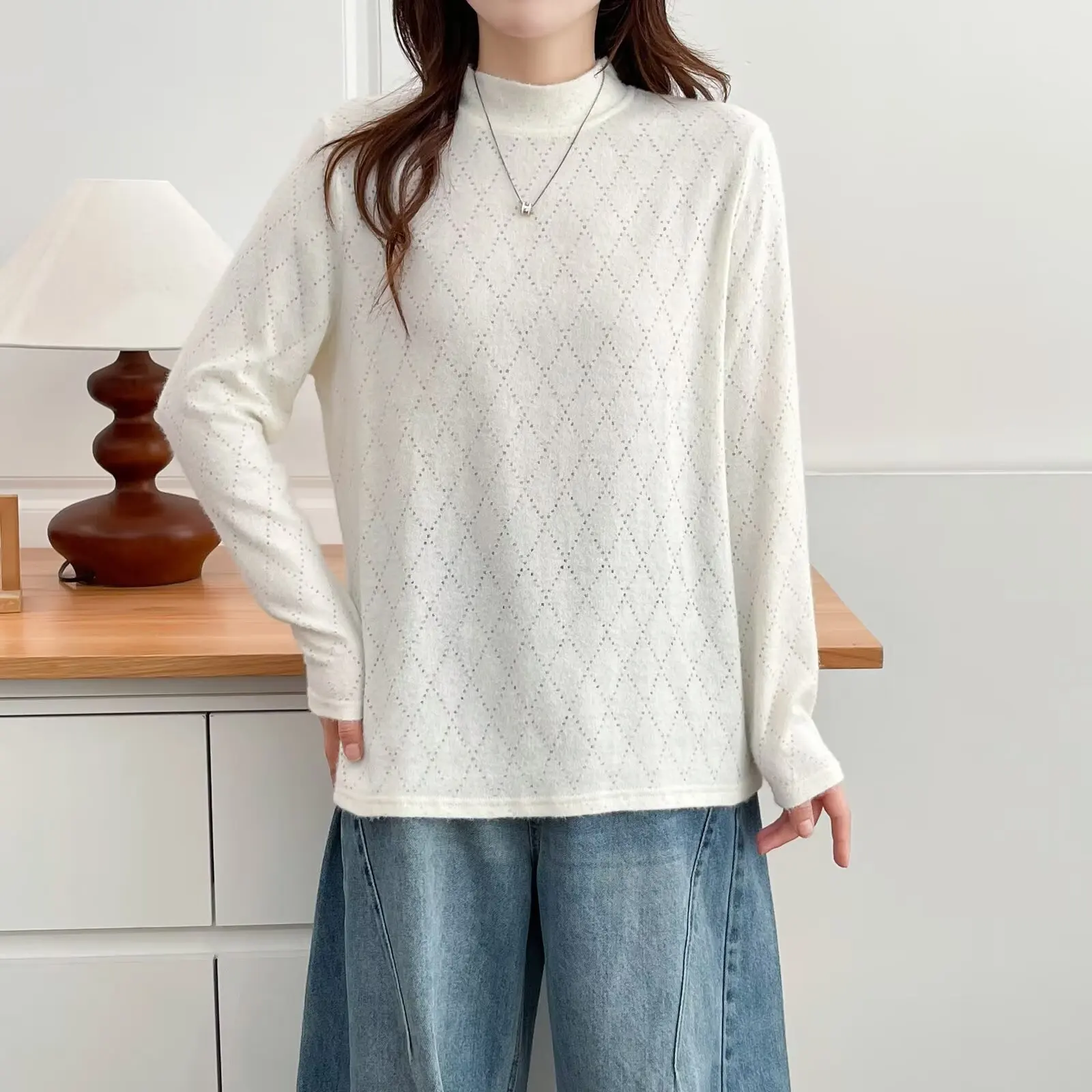 XXXXL Fashion Plus Size Women's T-Shirt New Autumn Solid Color Brushed Lace Long Sleeved Inner Tops 640