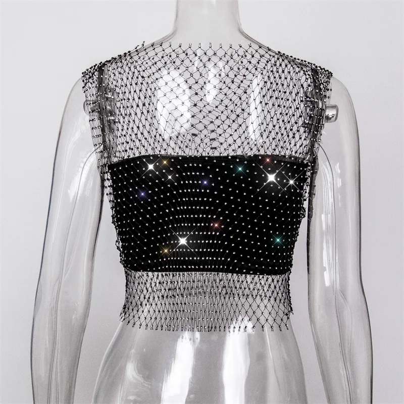 Sexy Diamanten Mesh Cropped Tank Top Frauen Sommer Cover Up Bikini Durchsichtig Strass Net Party Club Crop Top – Detail 13