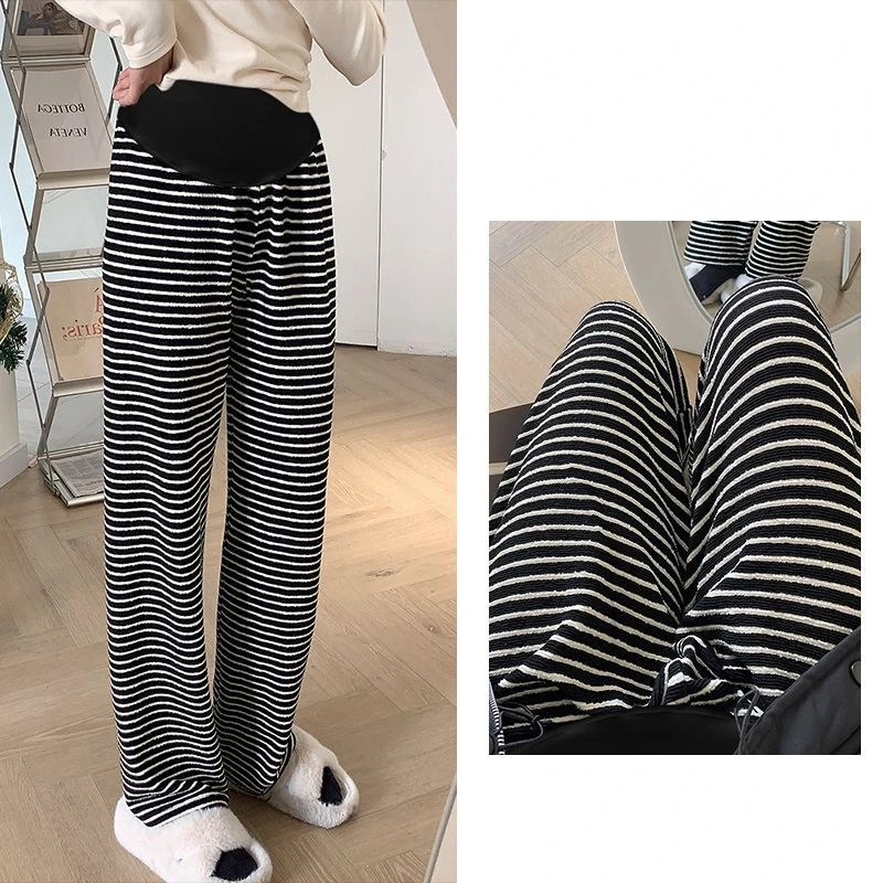 Maternity Striped Wide-legged Pants Fall Winter 2023 New Outside Wear Padded Thickened Drape Bottoming Pants Maternity Clothes 3