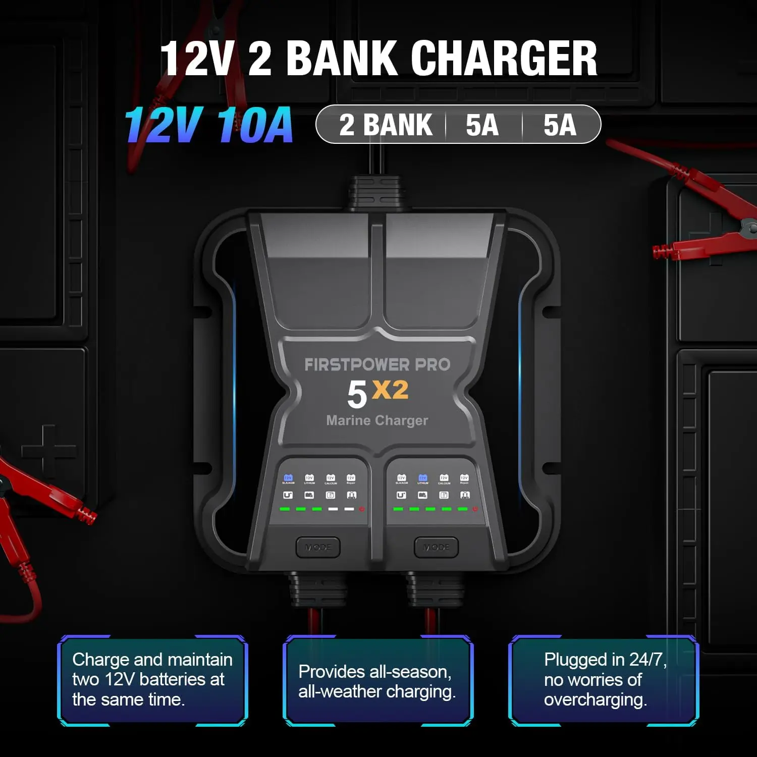 2 Bank Battery Charger 5X2, 10A (5A/Bank)-12V Waterproof Onboard Battery Charger, Maintainer & Desulfator for S