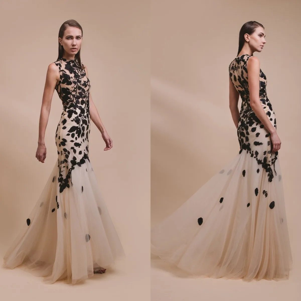 

Elegant Champagne Mermaid Evening Gowns Floor Length Appliques Sleeveless Prom Dress Formal Celebrity Vestidos De Fiesta