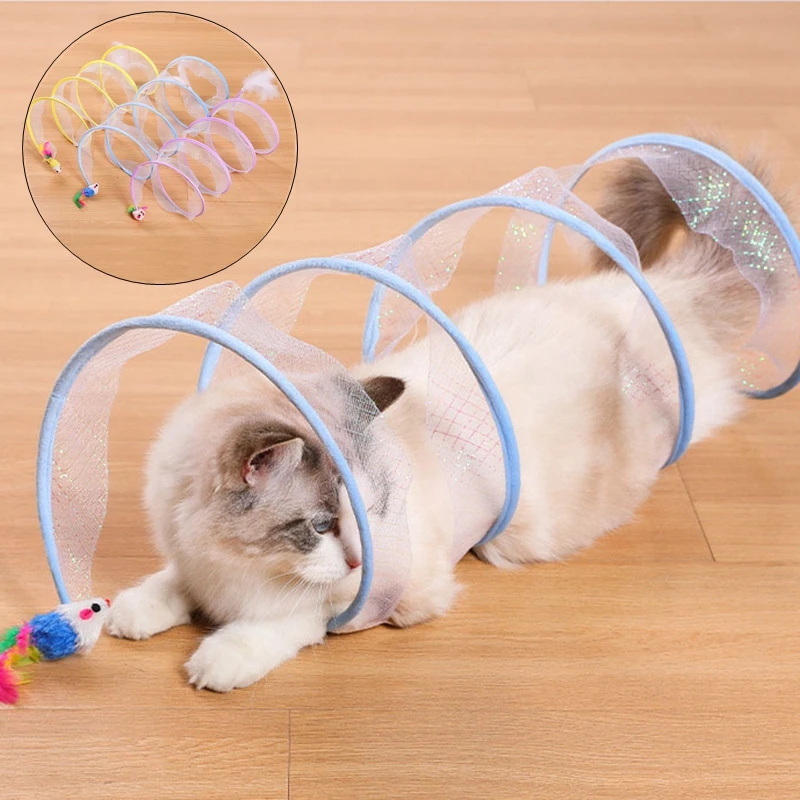New Foldable Cat Tunnel Cat Tunnel Pet Toy， Feather Mouse Bell Self High Amusement Amusement Elastic Mesh Teasing Stick