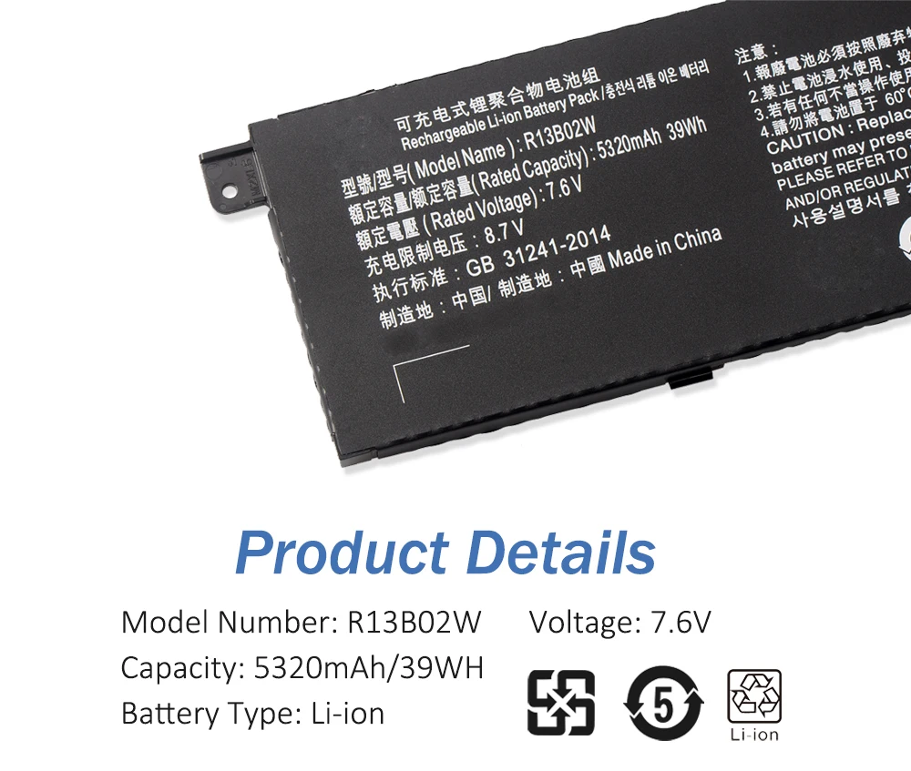 Etesbay R13b 02W R13b 01W 39wh Laptop Batterij Voor Xiaomi Mi Air 13.3 