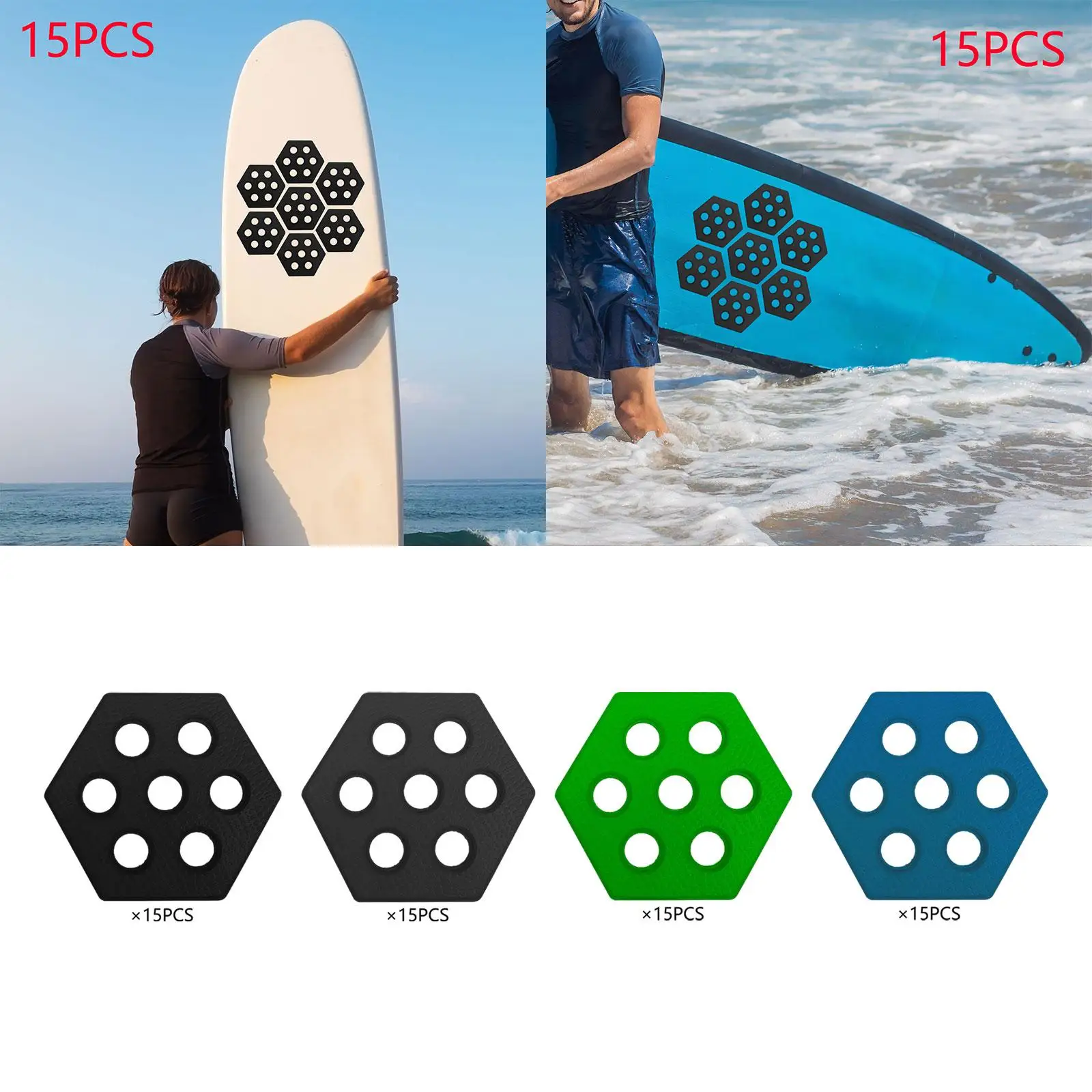 

15Pcs Hexagon Surfboard Pads Deck Pads Decking Accessories Surfpad Premium Waxless Deck Grip for Grip Surf Skimboarding