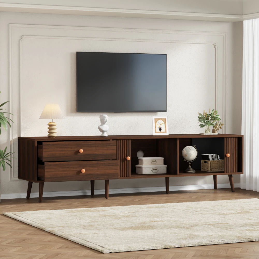 180x40x46,5cm TV-Schrank in Walnussholz-Optik, Fernsehständer mit 2 Schubladen, 2 Rolltüren und 7 Ständern, für Fernseher bis zu 80 Zoll – Detail 24