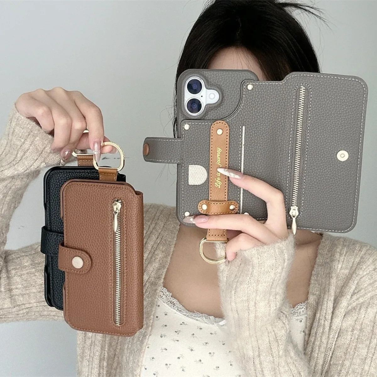 Leather Flip Phone Case with Wrist Strap and Card Holder Wallet - Protective Cover