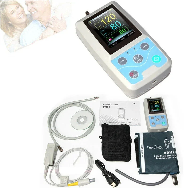 PM50 2.4" LCD Blood Pressure Patient Monitor NIBP SPO2 Pulse Rate Test Meter Portable Vital Sign Machine+Adult Cuff+SPO2 Probe