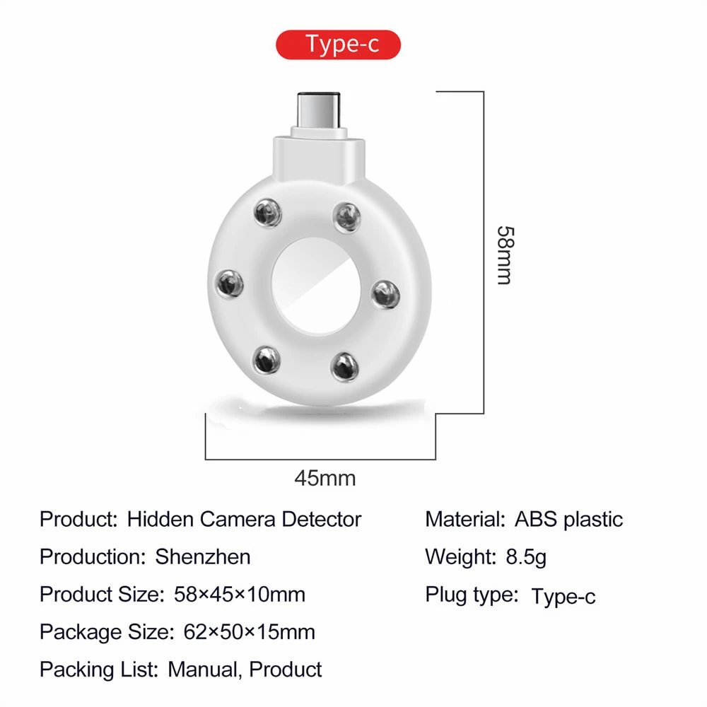 USB-C Anti Candid Camera Detector Travel Hotel Lens Detect Gadget Anti-Theft Camera LED IR Alarm Detector Security