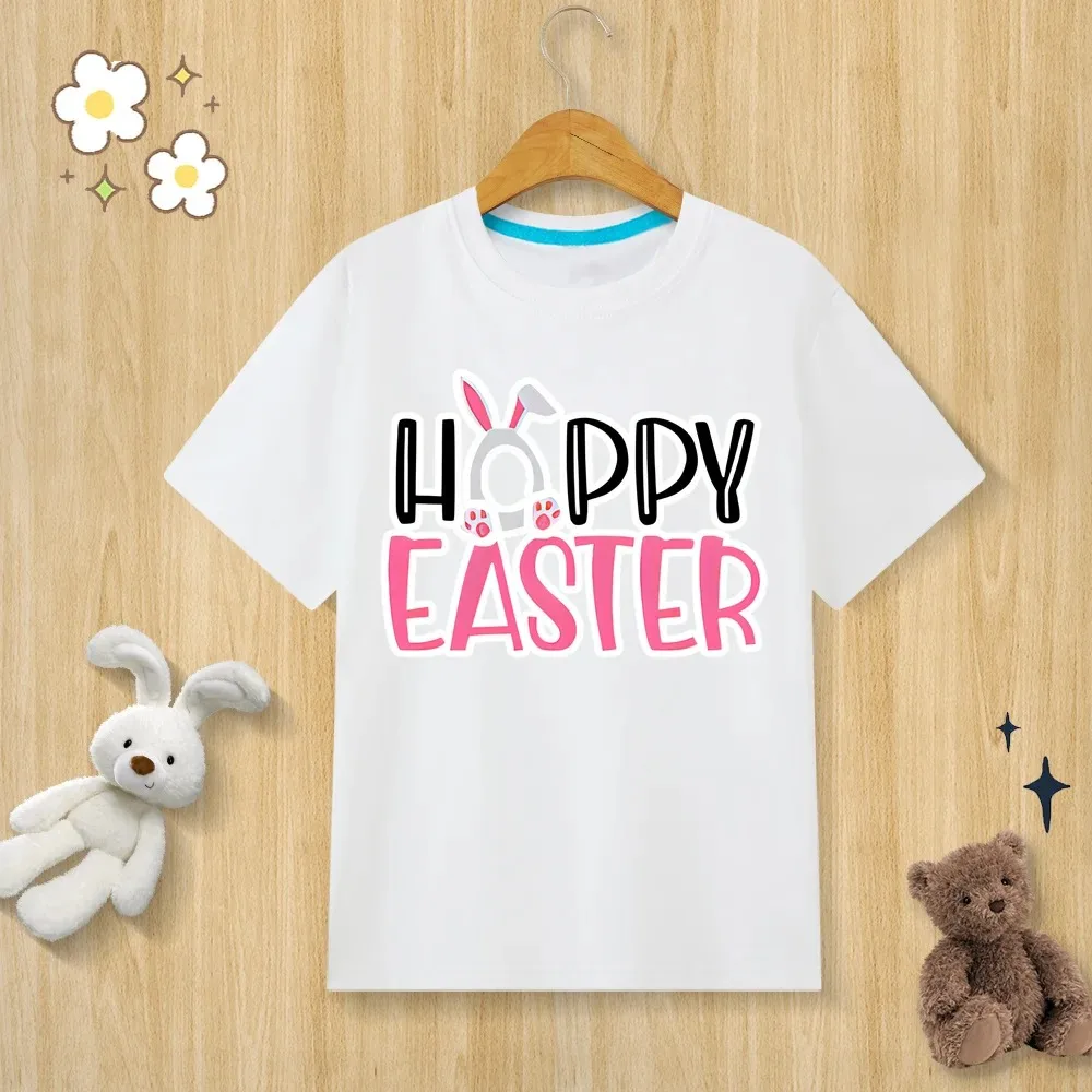 Children’s Pure Cotton T-shirt Happy Easter Bunny Egg Print T-shirt O-neck Short Sleeve Kids Clothes Boys Clothes Girls Clothes 3
