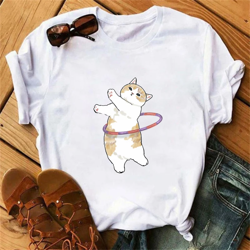 

Trend Kawaii Cat Woman Print Fun T-shirt Girl Animal Y2K fashion 90's print top T-shirt Girl black White clothes, drop boat
