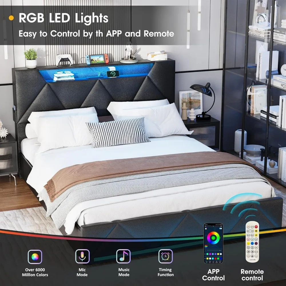 Vabches Queen Bed Frame with Storage Headboard and 4 Drawers,Upholstered Platform with Charging Station and Led Lights,Adjustabl 4