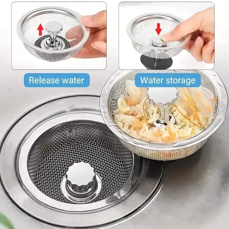 Description Picture 5 of item2Set Kitchen Sink Strainer With Handle & Stopper Replacement Drain Basket Stainless Steel Mesh Filter Waste Hole