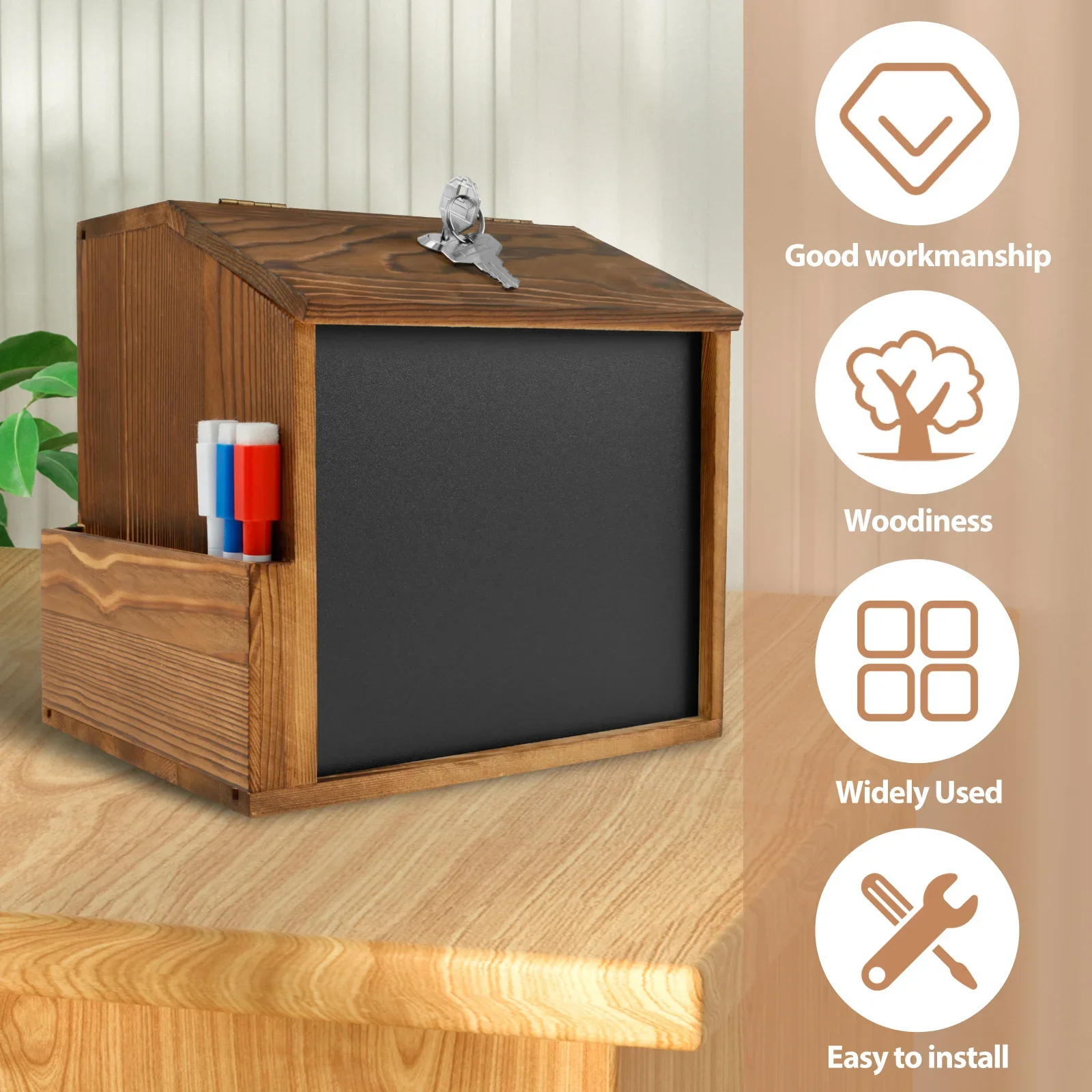 Wood Suggestion Box Wall Mounted Ballot Box Vintage Donation Slot Lock Chalkboard Multifunctional Church Wedding