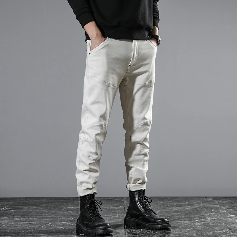 New American 98% cotton high-end personality splicing men's jeans white fashion leisure Slim small straight biker trousers