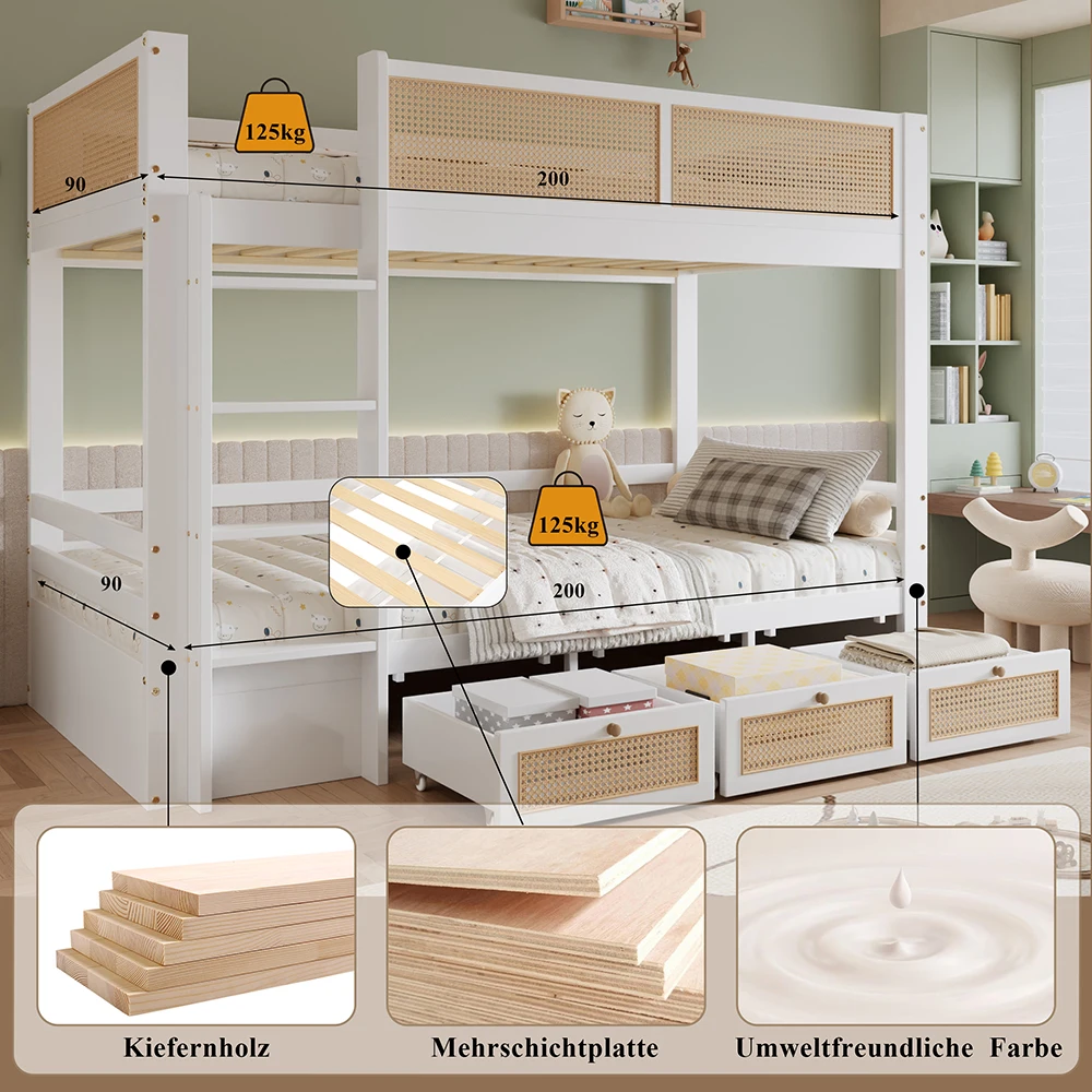 KOMHTOM Kinder Etagenbett 90x200cm, mit Geflochtener Rattanzaun, 3 Rollschubladen, Stabilen Lattenrost – Detail 3
