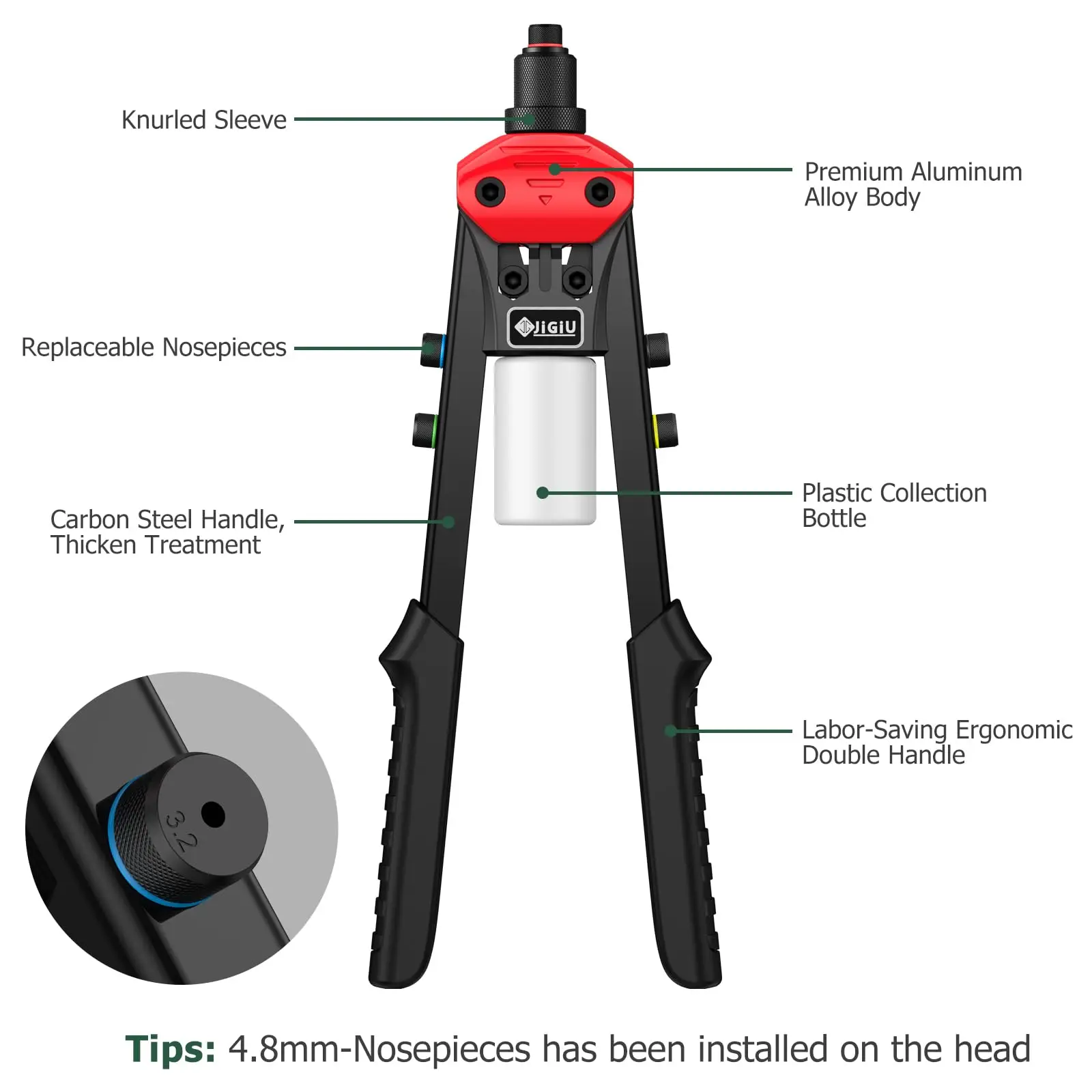 JiGiU 13" Heavy Duty Hand Riveter Tool Professional Pop Rivet Gun Rivet Tool Kit with 200PCS Rivets & 5 Nosepieces