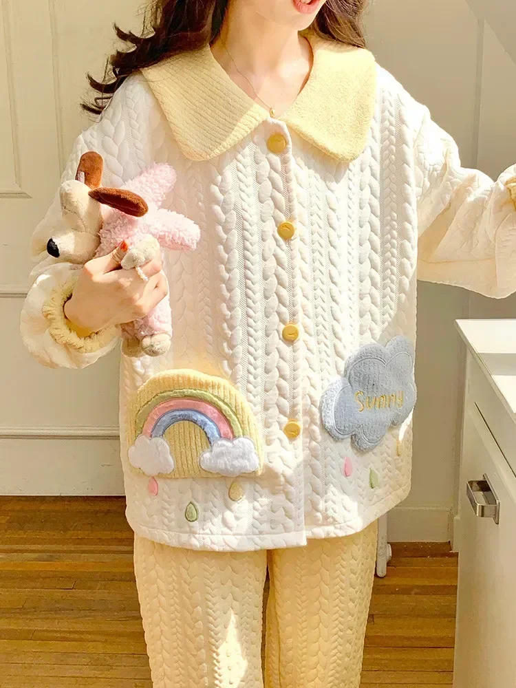 

Korean Soft Kawaii Style Pajamas Sleepwear Autumn Sets Winter Cartoon Warm Women Pijamas Set Pijama Femme Loose Thicken