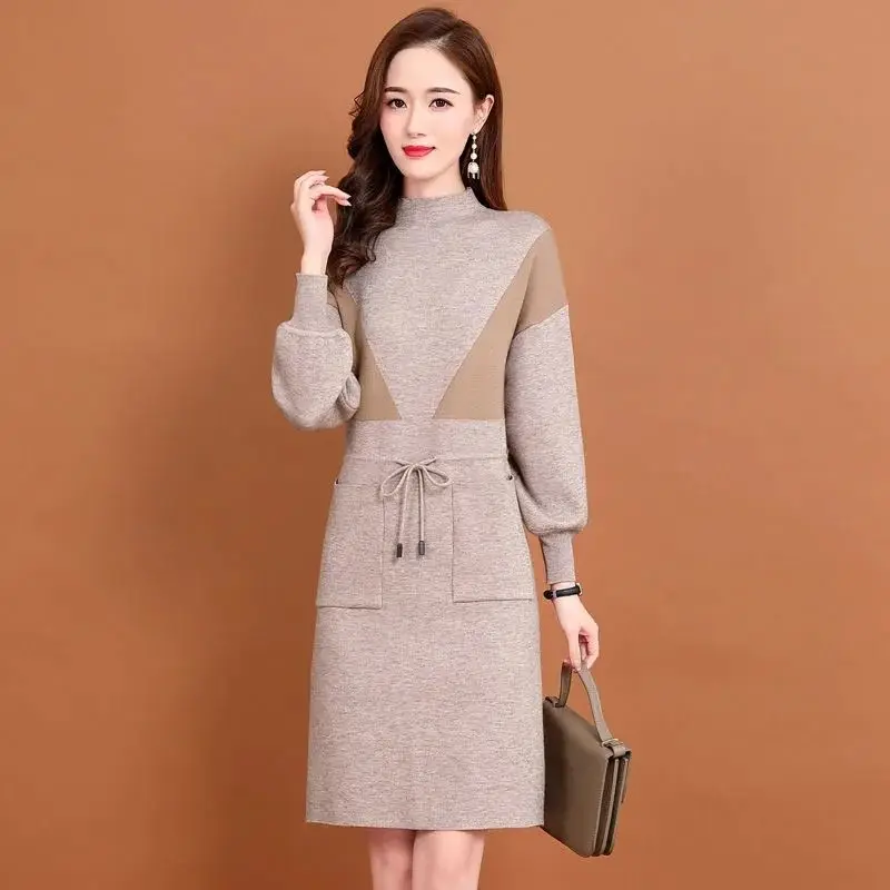 

Elegant Autumn Knit Sweater Dresses for Women Winter Long Sleeve Ribbed Drawstring Mini Dress Casual Slim Bottoming Dress B75